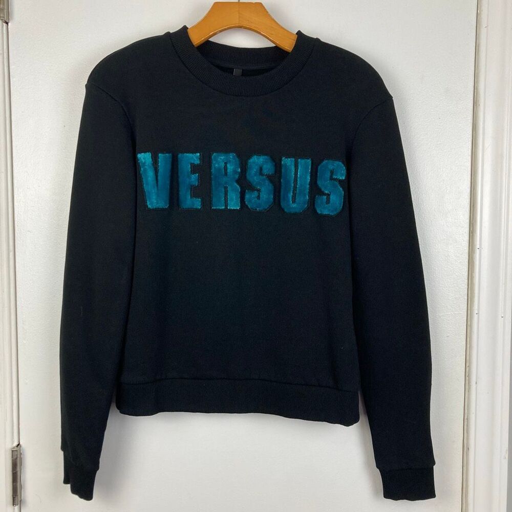 Versus Versace Women Black Sweatshirt Crewneck‎ Pullover Velour Logo Luxury sz S